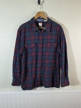 Levis Mens Large Relaxed Plaid Flannel Shirt Red Blue Button Front Long Sleeve